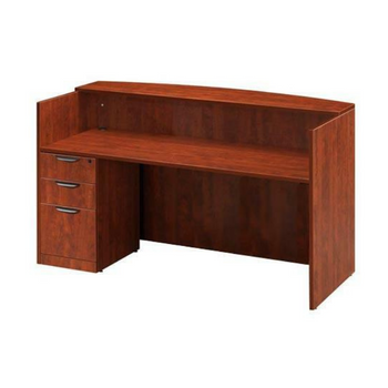 open cherry colored receptionist desk with drawers on left